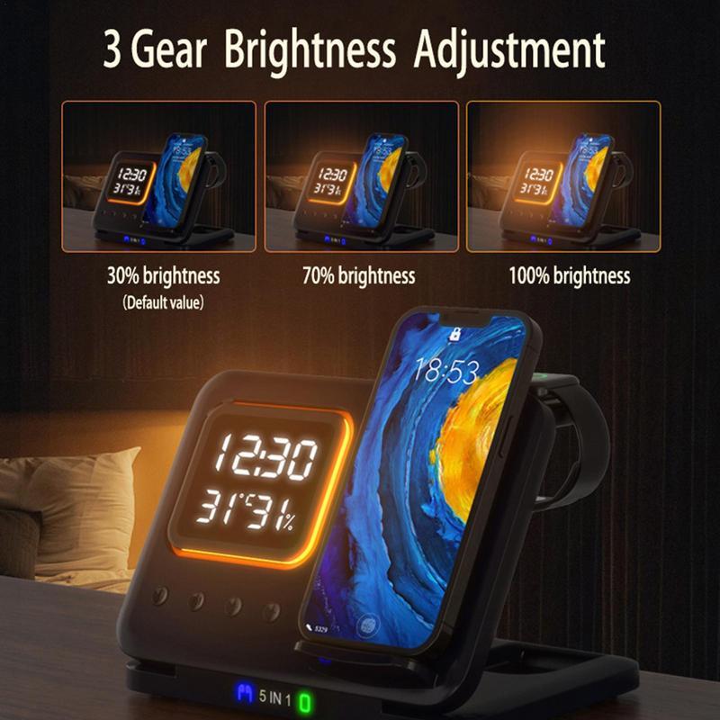 5-in-1 Wireless Charging Stand with LED Digital Alarm Clock – Fast Charging Dock Station