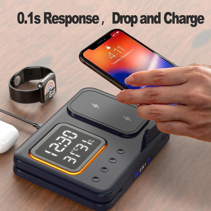 5-in-1 Wireless Charging Stand with LED Digital Alarm Clock – Fast Charging Dock Station