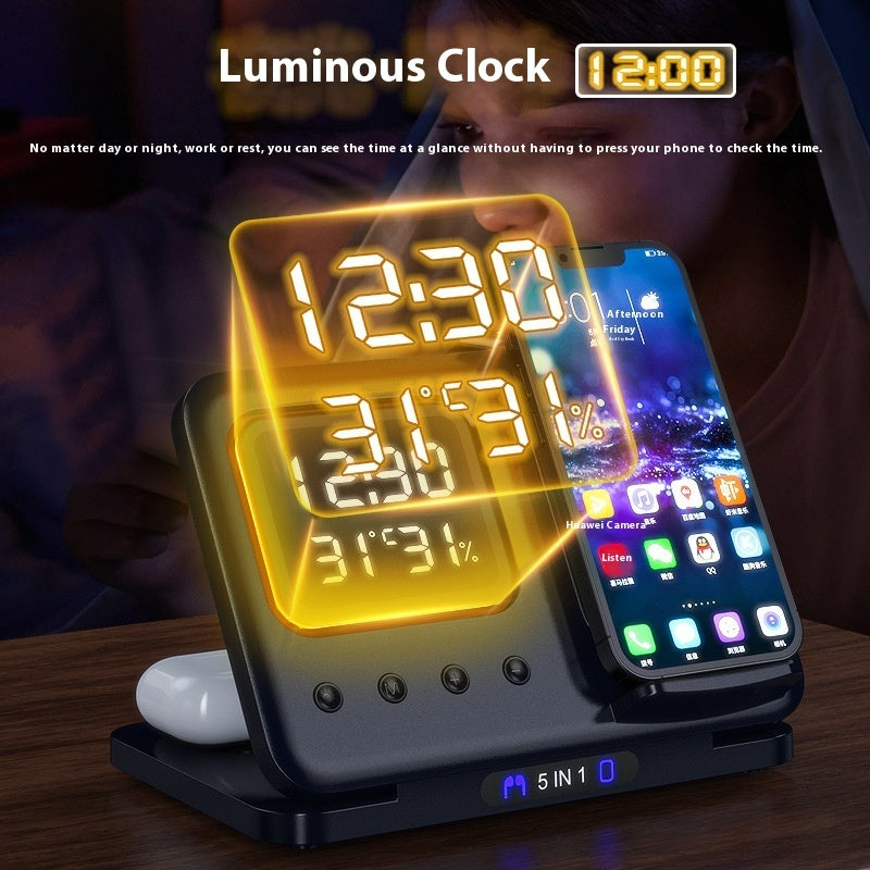 5-in-1 Wireless Charging Stand with LED Digital Alarm Clock – Fast Charging Dock Station