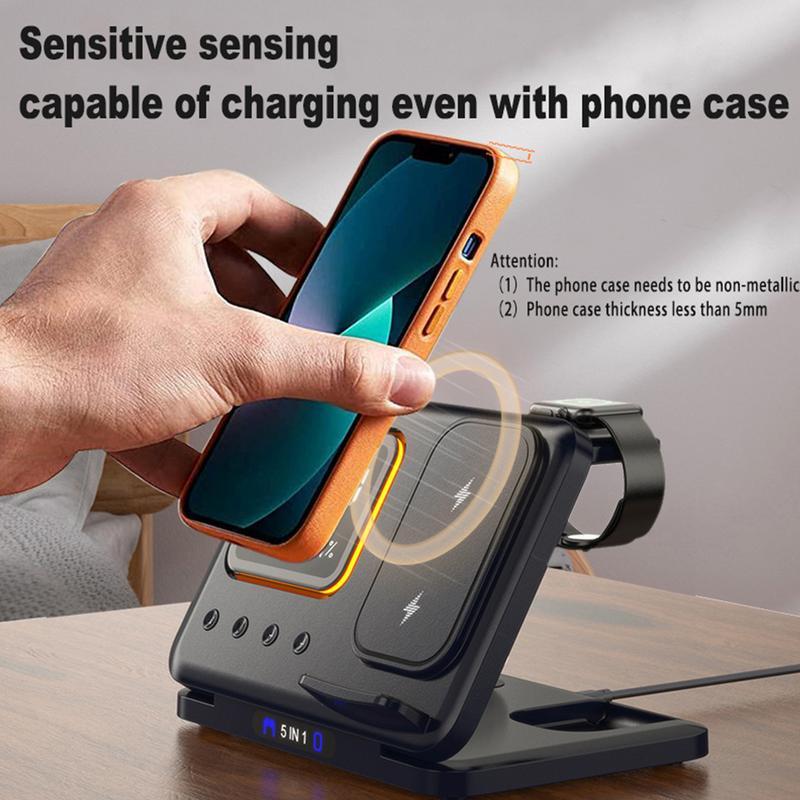 5-in-1 Wireless Charging Stand with LED Digital Alarm Clock – Fast Charging Dock Station
