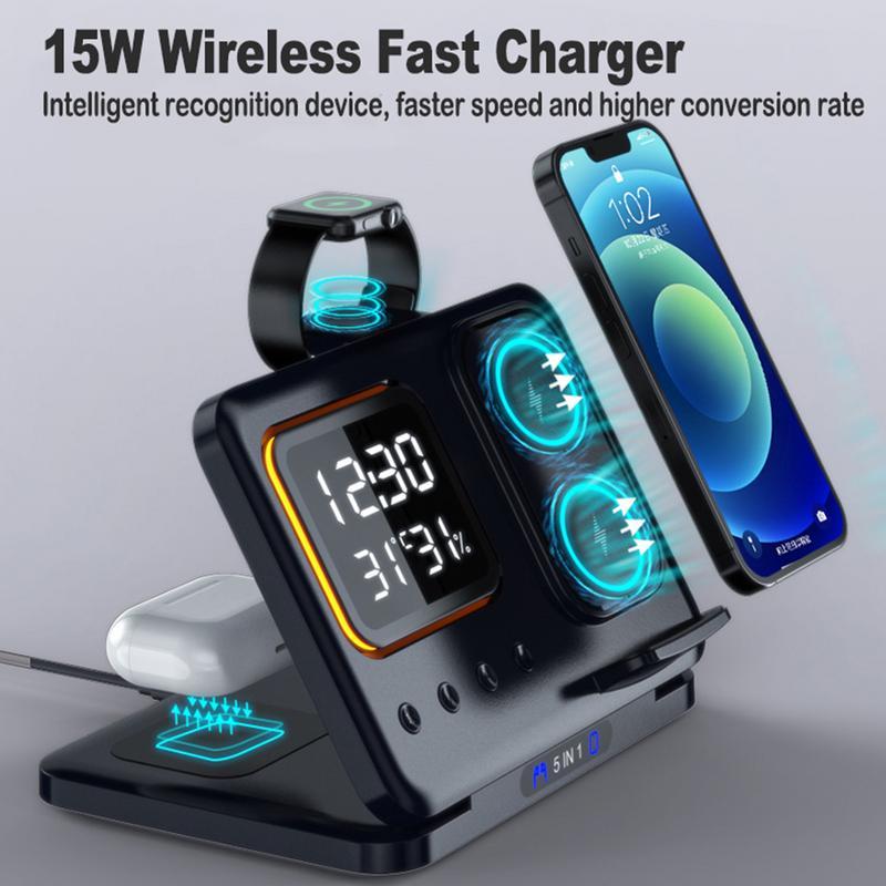 5-in-1 Wireless Charging Stand with LED Digital Alarm Clock – Fast Charging Dock Station