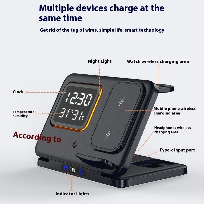 5-in-1 Wireless Charging Stand with LED Digital Alarm Clock – Fast Charging Dock Station