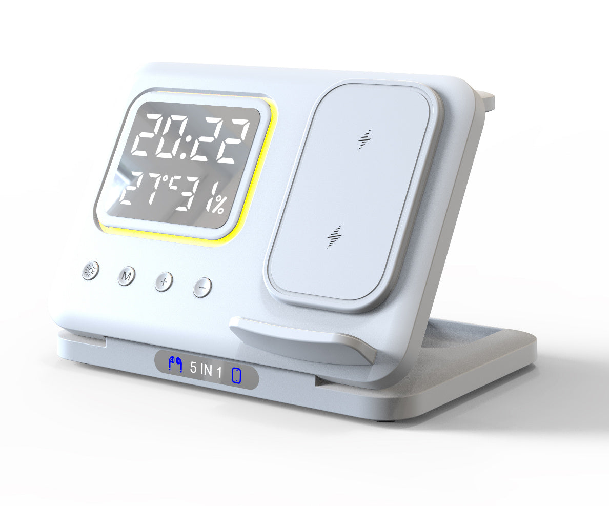 5-in-1 Wireless Charging Stand with LED Digital Alarm Clock – Fast Charging Dock Station