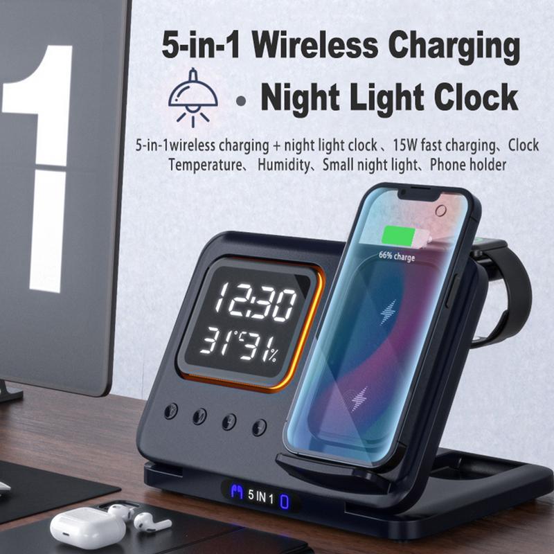 5-in-1 Wireless Charging Stand with LED Digital Alarm Clock – Fast Charging Dock Station