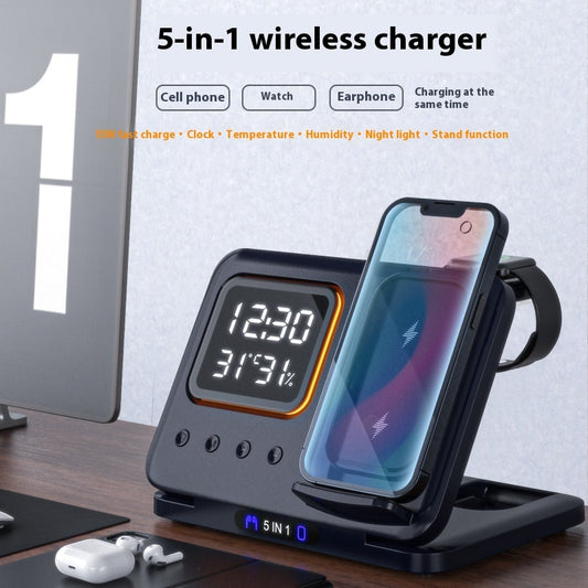 5-in-1 Wireless Charging Stand with LED Digital Alarm Clock – Fast Charging Dock Station