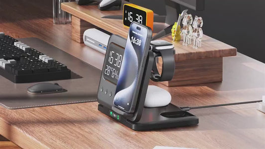 5-in-1 Wireless Charging Stand with LED Digital Alarm Clock – Fast Charging Dock Station